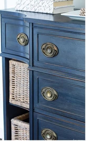 close up of sideboard navy blue chalk painted